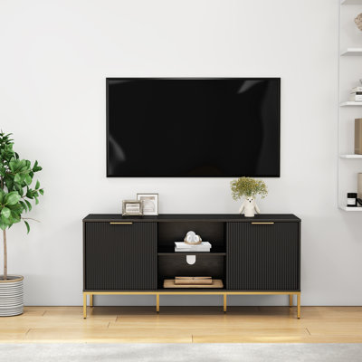 Meuble télé moderne avec portes ondulées, pieds et poignées dorés, charnières à fermeture en douceur, tablette ouverte et tablette réglable - élégant et fonctionnel pour votre salon, facile à assembler