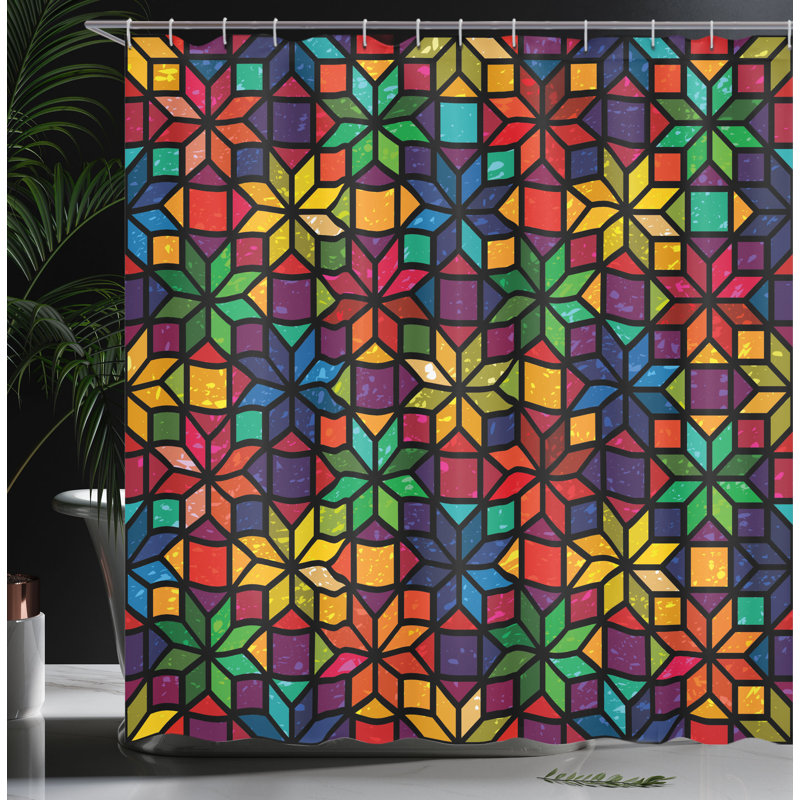 Multicolor Geometric Pattern Water-Resistant Shower Curtain with Hooks