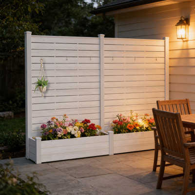 Kozyard Privacy Screen with Planter, 101"L x 70"H Outdoor Garden Screen, Rust-Resistant Aluminum Frame, Wood-Plastic Composite Boards, Decorative Privacy Screen for Patio, Balcony, Backyard, White