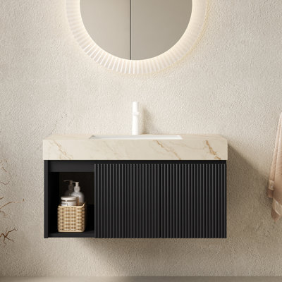 Meuble-lavabo suspendu EIDEN 91 cm (36 po), lavabo en céramique avec comptoir en pierre frittée couleur crème veinée or et lavabo pré-percé pour robinetterie, démonté, sans robinetterie ni bonde, couleur noire
