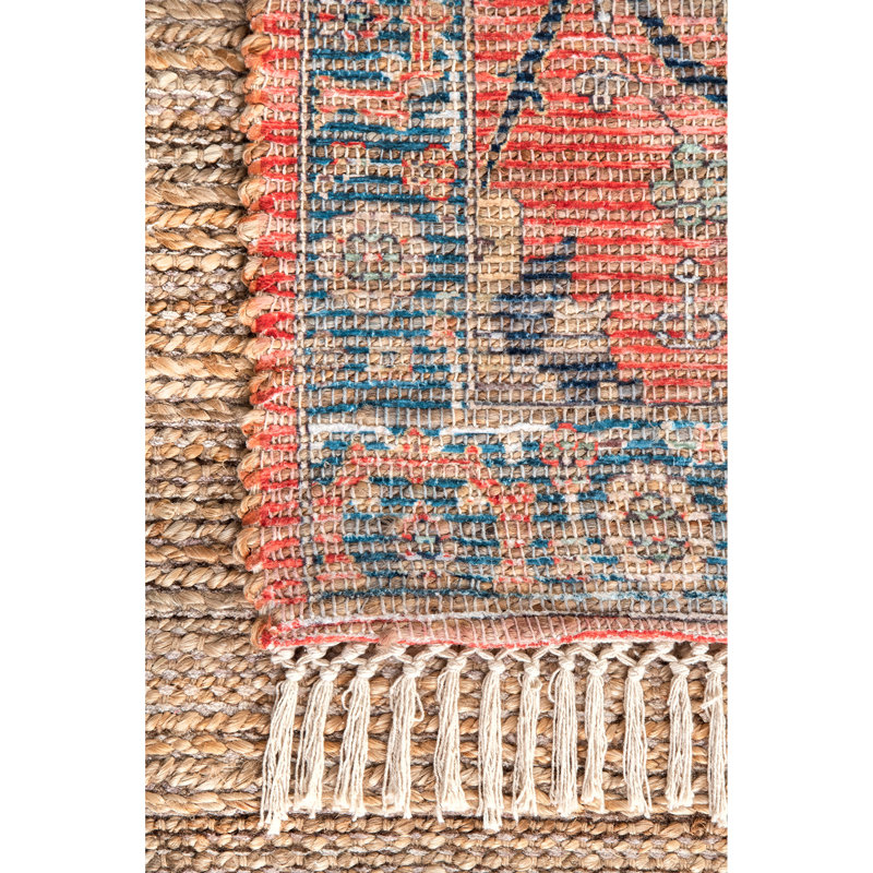 Tapis corail / bleu Abou, Rectangle 7 pi 6 po x 9 pi 6 po