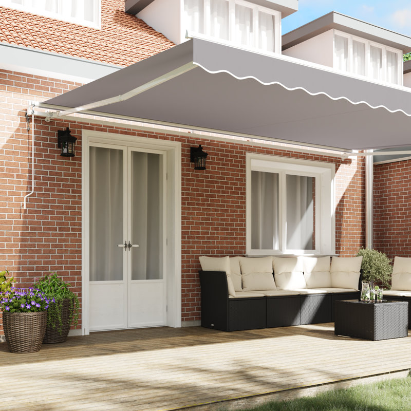 Ebern Designs Retractable Patio Awning, 500 cm W x 300 cm D, Light Grey/White