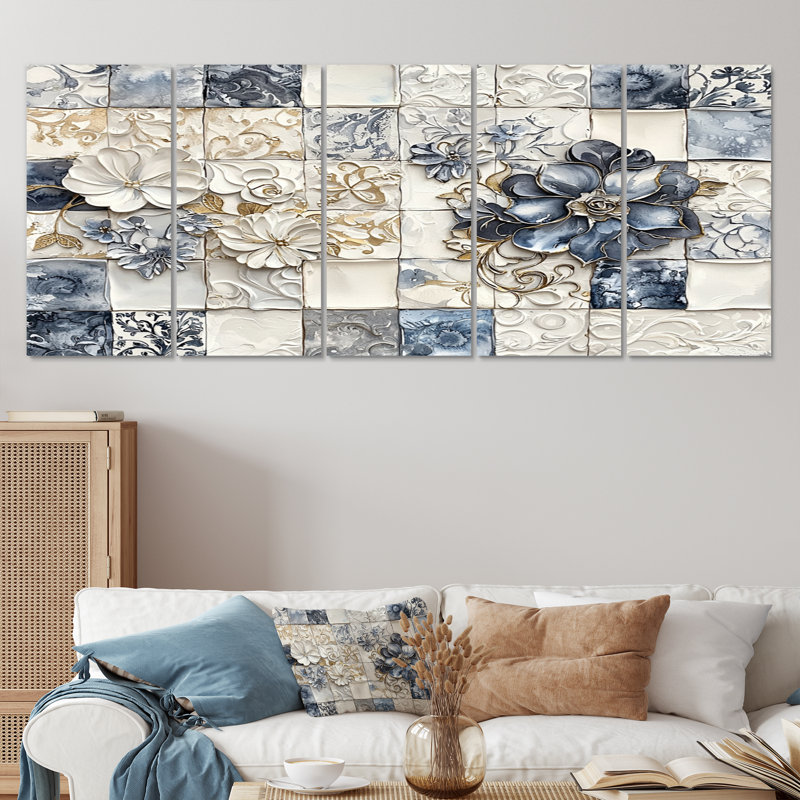 «White and Blue Floral Abstract Tiles III - Boho Tiles», ensemble d'art sur toile, H 28 po x l 60 po