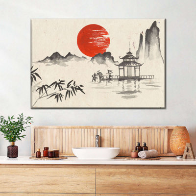 Pavillon japonais, coucher de soleil sur toile