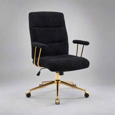 Chaise de bureau moderne en tissu bouclé texturé noir et or, réglable en hauteur et dotée d'accoudoirs rembourrés pour un confort optimal.