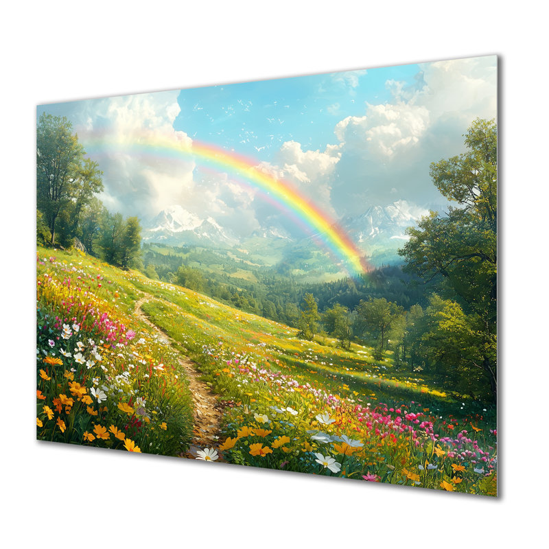 Rainbow Over The Meadow In Spring II - Rainbow Metal Wall Art For Living Room, H 30 po x l 40 po