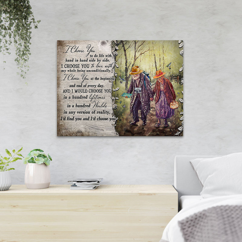 «An Old Couple marcher ensemble dans la forêt» - «I chois you to do life with main dans la main côte à côte» - 1 pièce, impression sur toile tendue