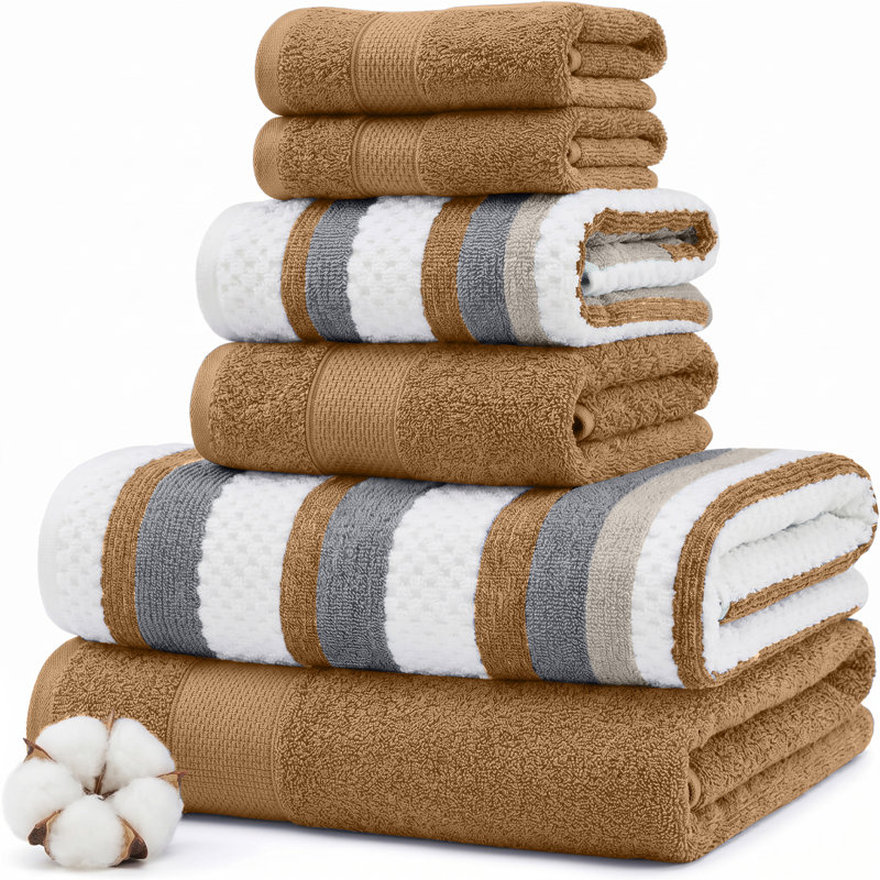 Nyx 6pc Soft Cotton Towel Set, Striped, White, Light Gray By The Urban Port, Mustard