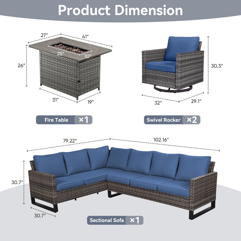 Ingvald 8- Person Outdoor PE Wicker Patio Conversation Set with Fire Pit and Cushions, Gray, Blue