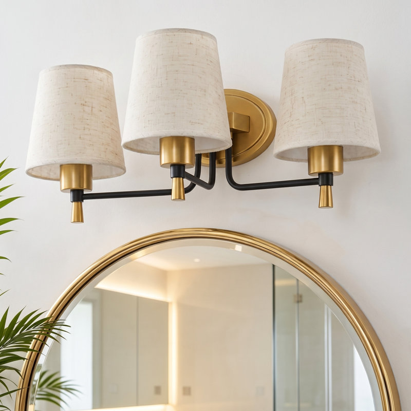 Luminaire de salle de bain 3 lumières à intensité variable moderne avec abat-jour en lin, Matte Black/Gold