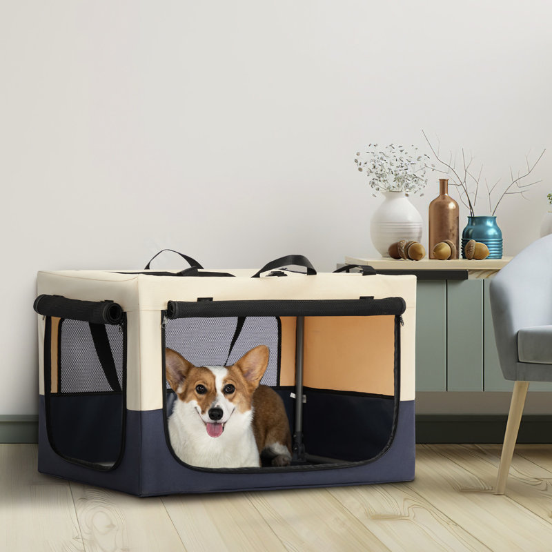 Cage de voyage réglable pour chien, 3 portes, en tissu, pliable, solide et ventilée, blanche et bleue