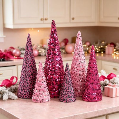 6 PCS 12" 10" 6" Christmas Pink Leopard Cone Tree Decoration Christmas Glitter Sequin Leopard Cheetah Print Tree Table Decor Xmas Tree Tiered Tray Ornament for Home Holiday Mantel Wedding Party Décor