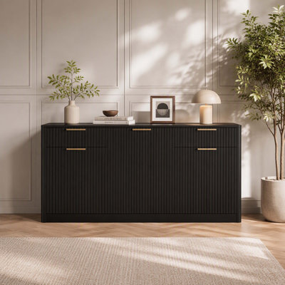 Buffet/meuble de rangement moderne de 170 cm (67 po) à panneaux cannelés, avec 6 portes et 2 tiroirs, idéal pour la salle à manger, le salon ou l'entrée. Couleur : noir.