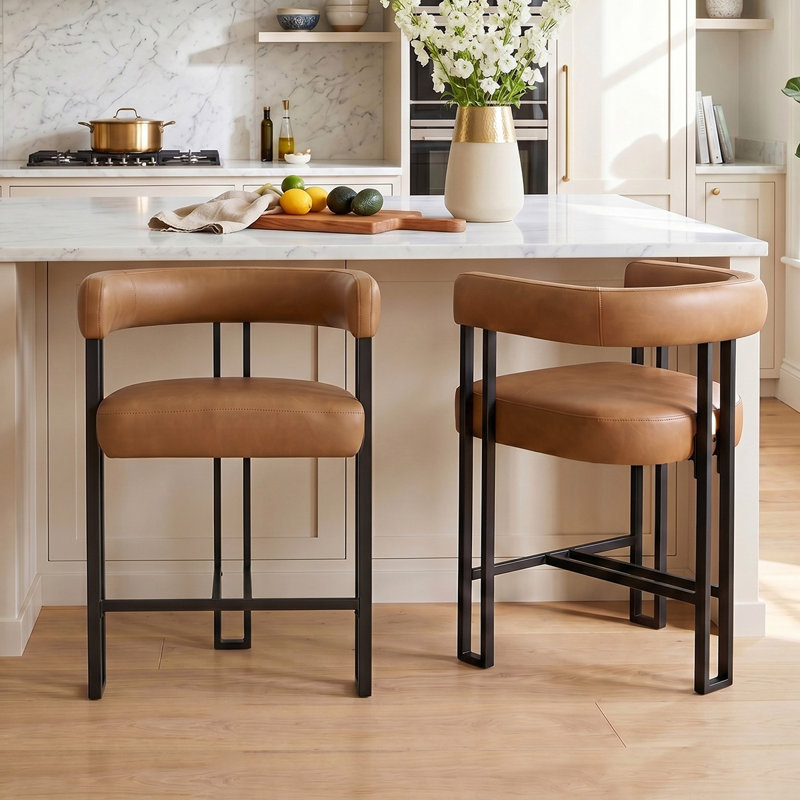 Tabouret de comptoir 25 po en similicuir avec accoudoirs rembourrés (ensemble de 2), Brown