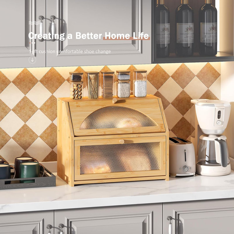 Natural Bamboo Double Layer Bread Box with Diamond Pattern Windows