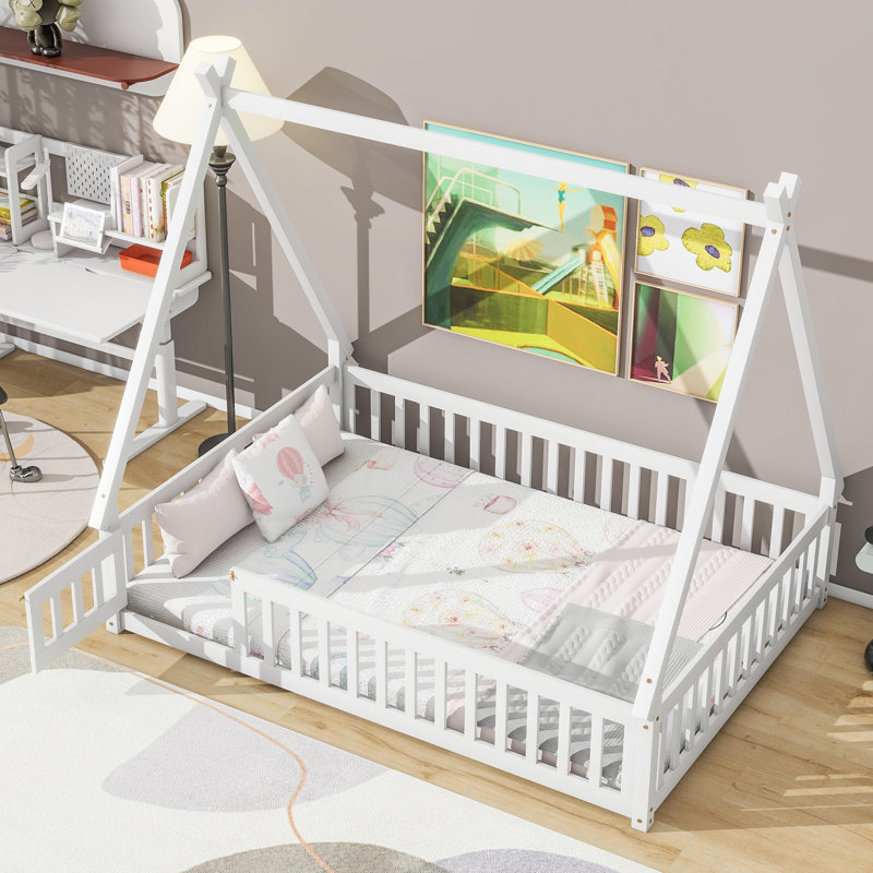 Lit double pleine grandeur en forme de tente avec garde-corps, porte et plateforme à lattes - Lit pour enfant en bois de pin, blanc