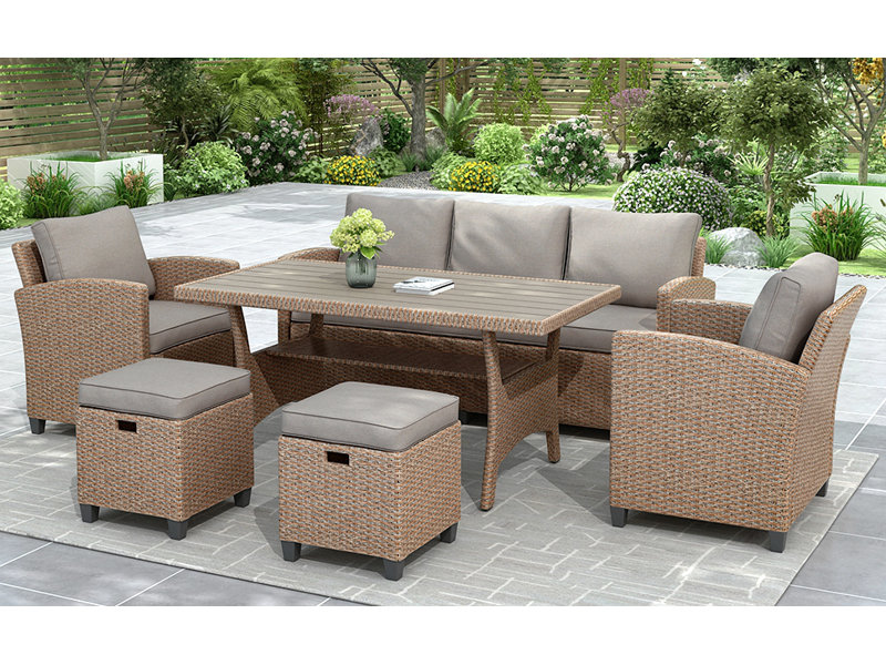 Ensemble de 6 chaises d'extérieur en osier de rotin pour patio, chaise, tabourets et table, Brun