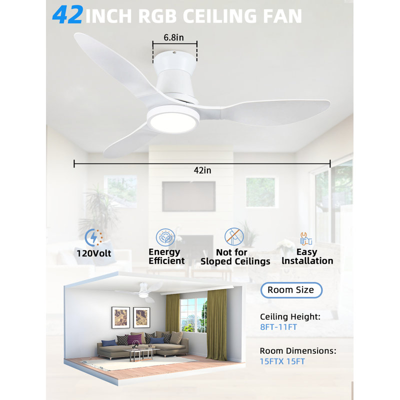 42 po Ventilateur de plafond encastré 3 pales Whtie avec lumière DEL à spectre complet et télécommande, Blanc, Blanc