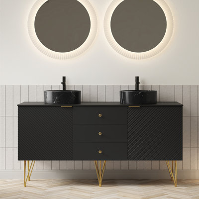 Bathroom Vanity&Sinks, Freestanding Plywood Storage Cabinet with 4 Gold Legs, 3 Drawers and 2 Doors, 2 Black Stone Pattern Bowl Ceramic Vessel Basins&Sintered Stone Top, Pre-assembled
