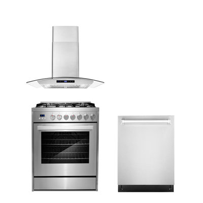 Cosmo 3 Piece Kitchen Appliance Package with 30'' Gas Freestanding Range , Built-In Dishwasher , and Wall Mount Range Hood -  COS-3PKG-274