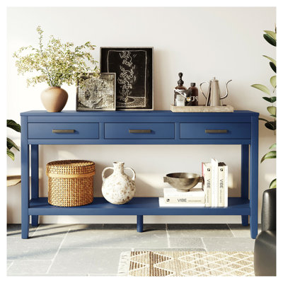 U_STYLE Console de style ferme 59,1 po avec 3 tiroirs, canapé bleu marine avec tablette inférieure et poignées en fer - Table d'appoint minimaliste pour le salon, le couloir et le bureau