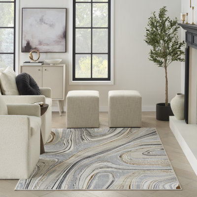 Blerona Abstract Machine Woven Polyester Area Rug in Gray/Gold/Silver