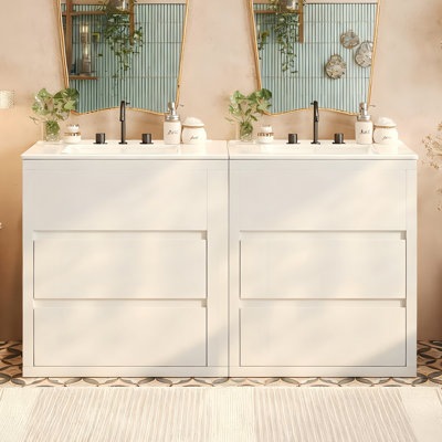 Ensemble de meuble-lavabo double avec lavabos séparés, tiroirs pleine extension, glissières à fermeture en douceur pour des salles de bain pratiques et élégantes