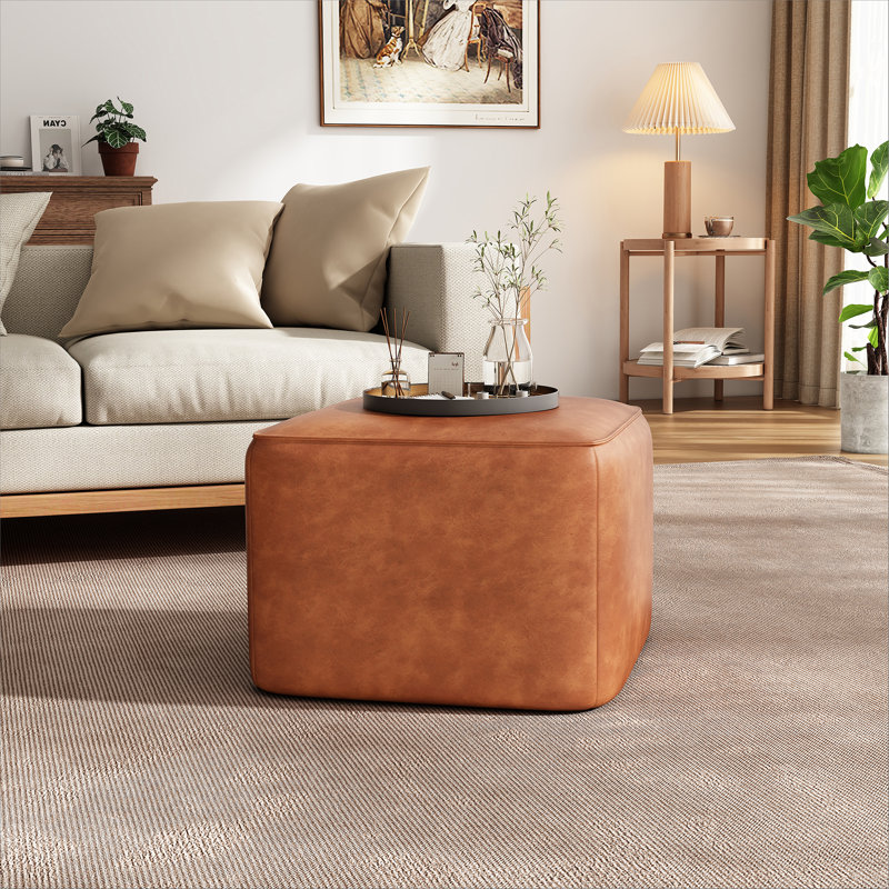 Upholstered Square PU Leather Ottoman,Tan