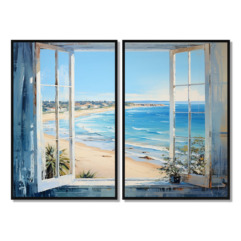 «Coastal Window View By The Beach III» - art mural côtier 2 pièces, 36" H x 48" W, Impression encadrée flottante, Black