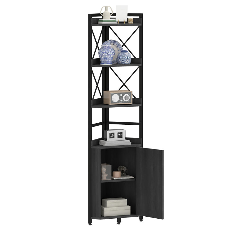  Corner Shelf 4 Tiers, Industrial Bookshelf With Cabinet,32d X 32w X 180h, Black