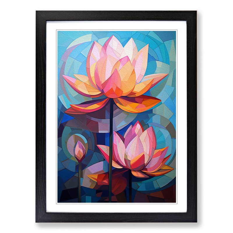 Lotus Flower Cubism No.2 - Single Picture Frame Print on Wood, Black Framed, 64cm H x 46cm W x 2cm D
