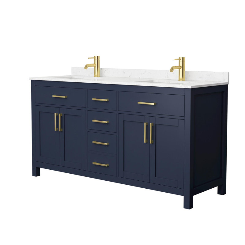 Beckett 66" Freestanding Double Bathroom Vanity with Cultured Marble Top, Dark Blue, Brushed Gold, Carrara Cultured Marble