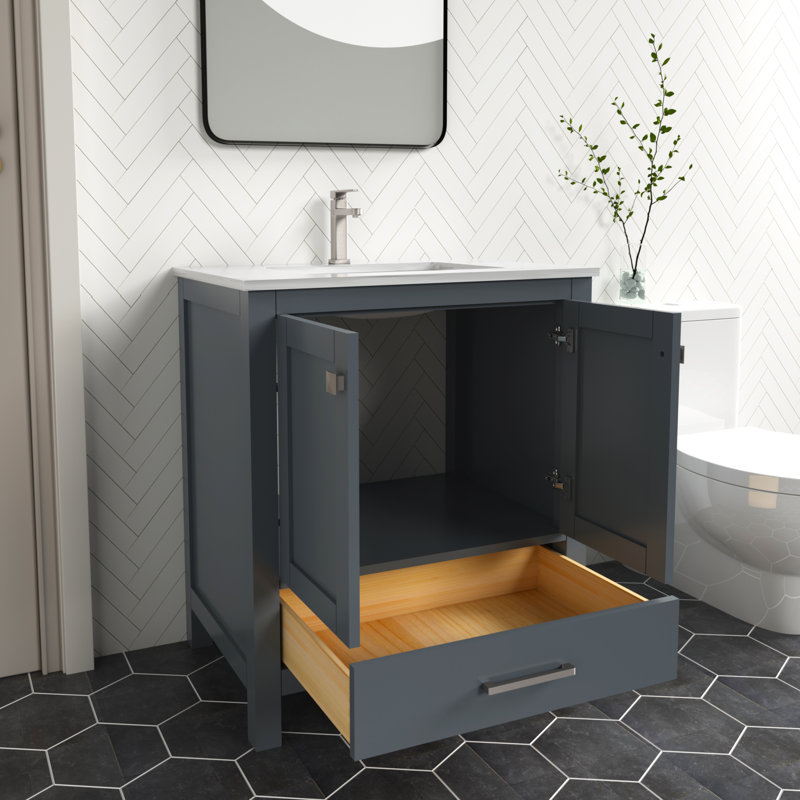 Ensemble de meuble-lavabo autoportant 30 po Anvay en vert forêt avec comptoir en quartz de Carrare, Quartz - blanc de Carrare