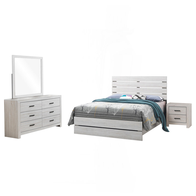 Ensemble de chambre à coucher à panneaux 4 pièces avec 2 tables de chevet et commode Geary