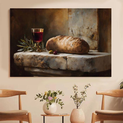 1Pc Christian Framed Canvas Poster Print Bread and Red Wine, Olive Branches and Stone Slabs, Classical Still Life Style Wall Decor Art - Ready To Hang - Perfect for Room Decor Living Room Bedroom Office Bathroom Religious Home Decor, Bible Art