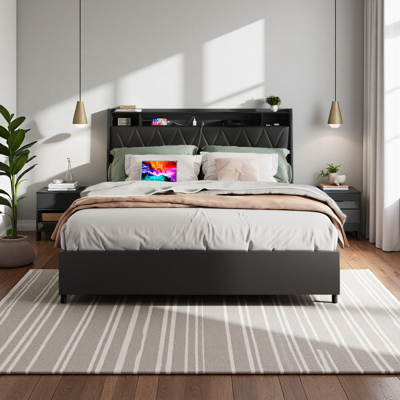 Cadre de lit avec tête de lit ergonomique, prises et chargeur, tablette de rangement, silencieux, aucun sommier nécessaire