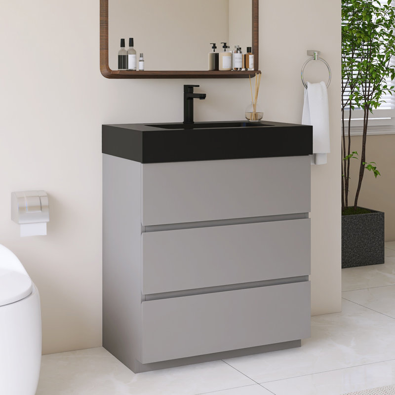 Meuble-lavabo simple autoportant 30 po avec lavabo en quartz noir, Gris, 30", Noir