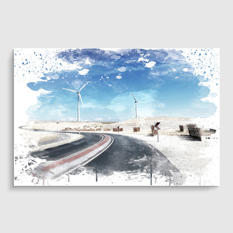 Landscape Wind Turbine Road - Frameless Print, 33.1cm H x 84.1cm W