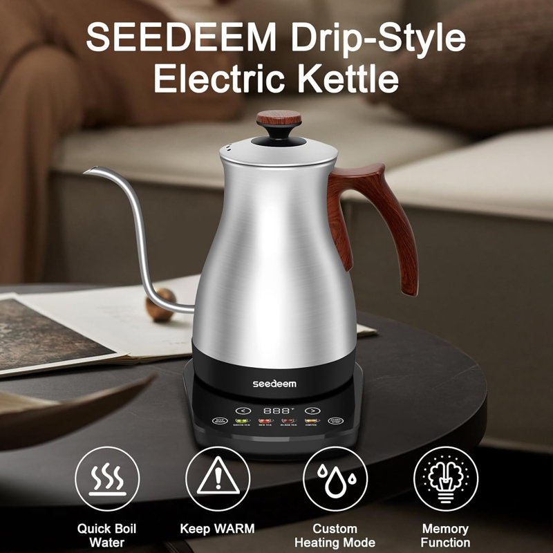 Seedeem Gooseneck Electric Kettle Full Touch Screen 1200W Electric Tea & Coffee Kettle With Four Heating Modes Rapid Heating,±1℉ Temperature Control，Keep Warm Mode,1L Electric Kettle