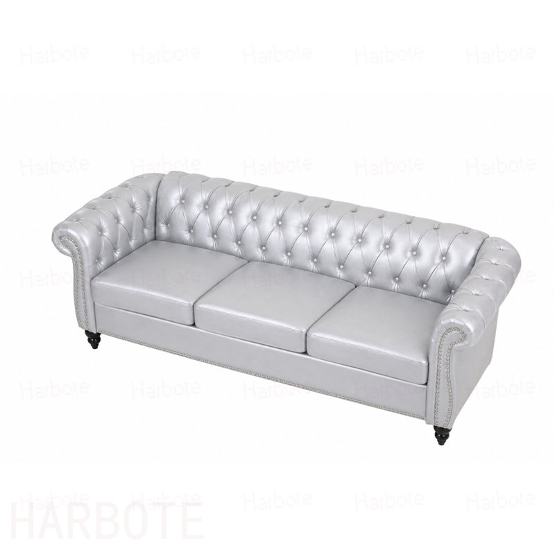 Canapé Chesterfield à accoudoirs roulés 3 places, Polyuréthane - argent