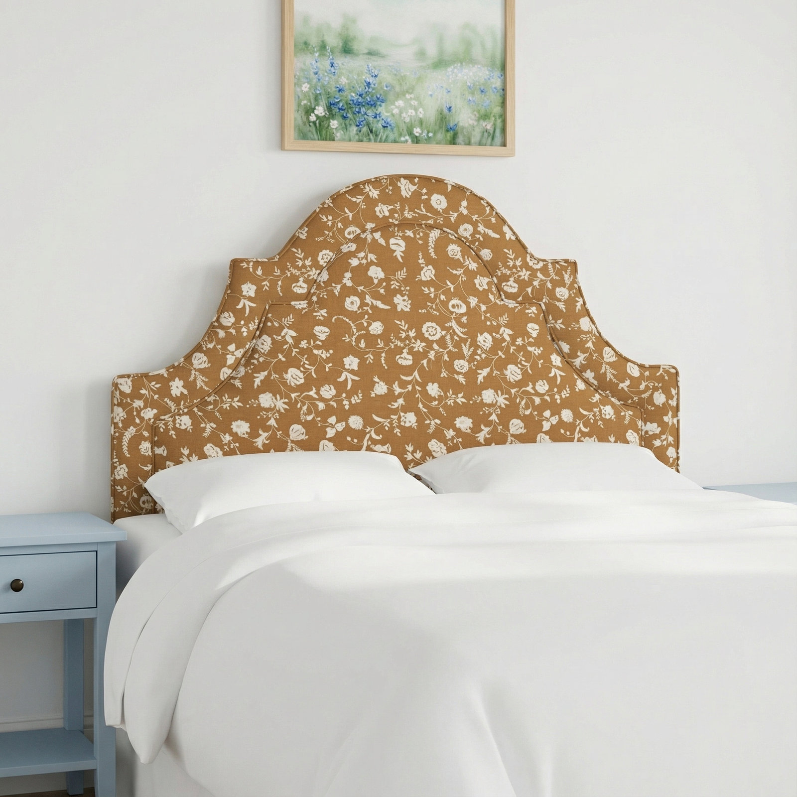 Knipe Upholstered Headboard, Queen, Robina Floral Ochre