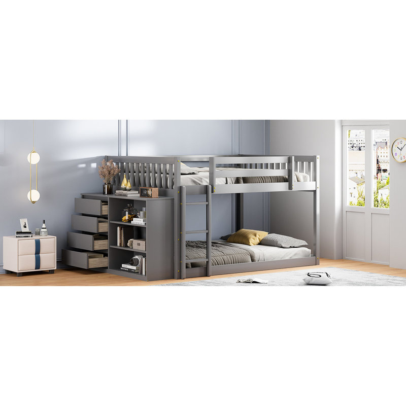 Lit double superposé double gris - 4 tiroirs et 3 tablettes pour la décoration de chambre à coucher moderne avec tiroirs de rangement intégrés