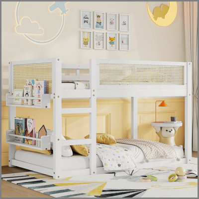 Twin Over Twin Floor Bunk Bed with Storage Shelves, Low Bunk Bed with Rattan Guardrail, White