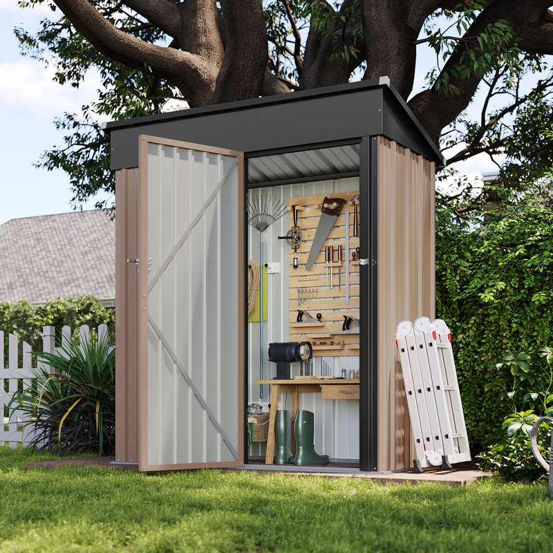 5 ft. W x 3 ft. D Metal Garden Shed Storage Shed with Sloping Roof, Lockable Door & Ventilation, Brown