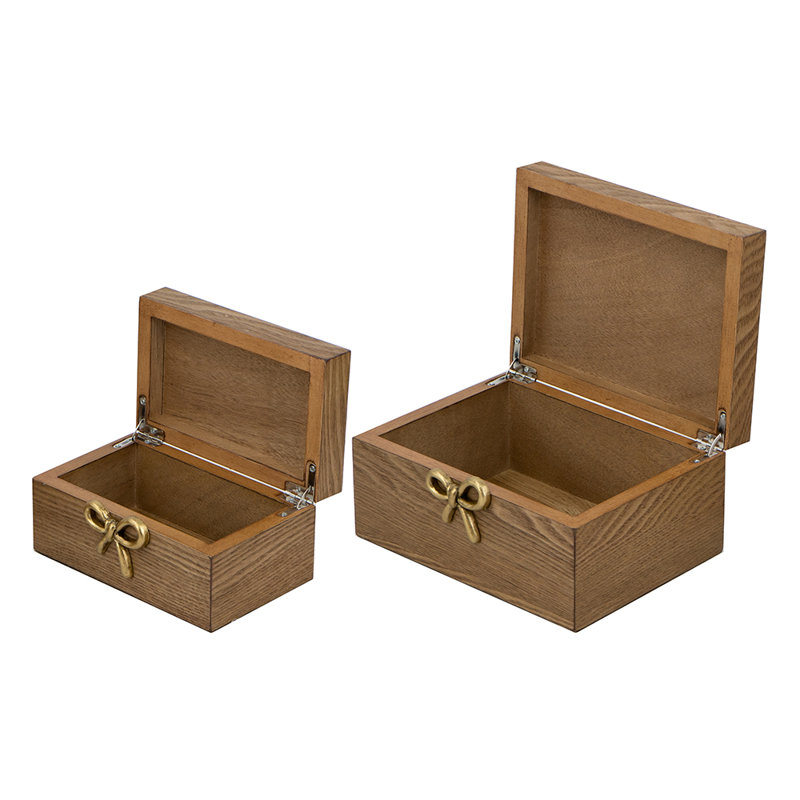 S / 2 boîtes de rangement décoratives en bois avec finition en placage de frêne et poignées en arc doré L: 8 x 6 x 4 po S: 6,3 x 3,7 x 3