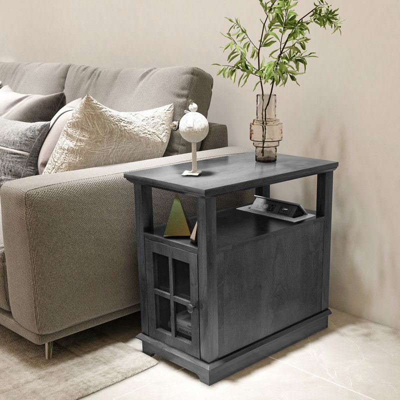 Algol Tray Top Black End Table with Storage and Fast Charging Station