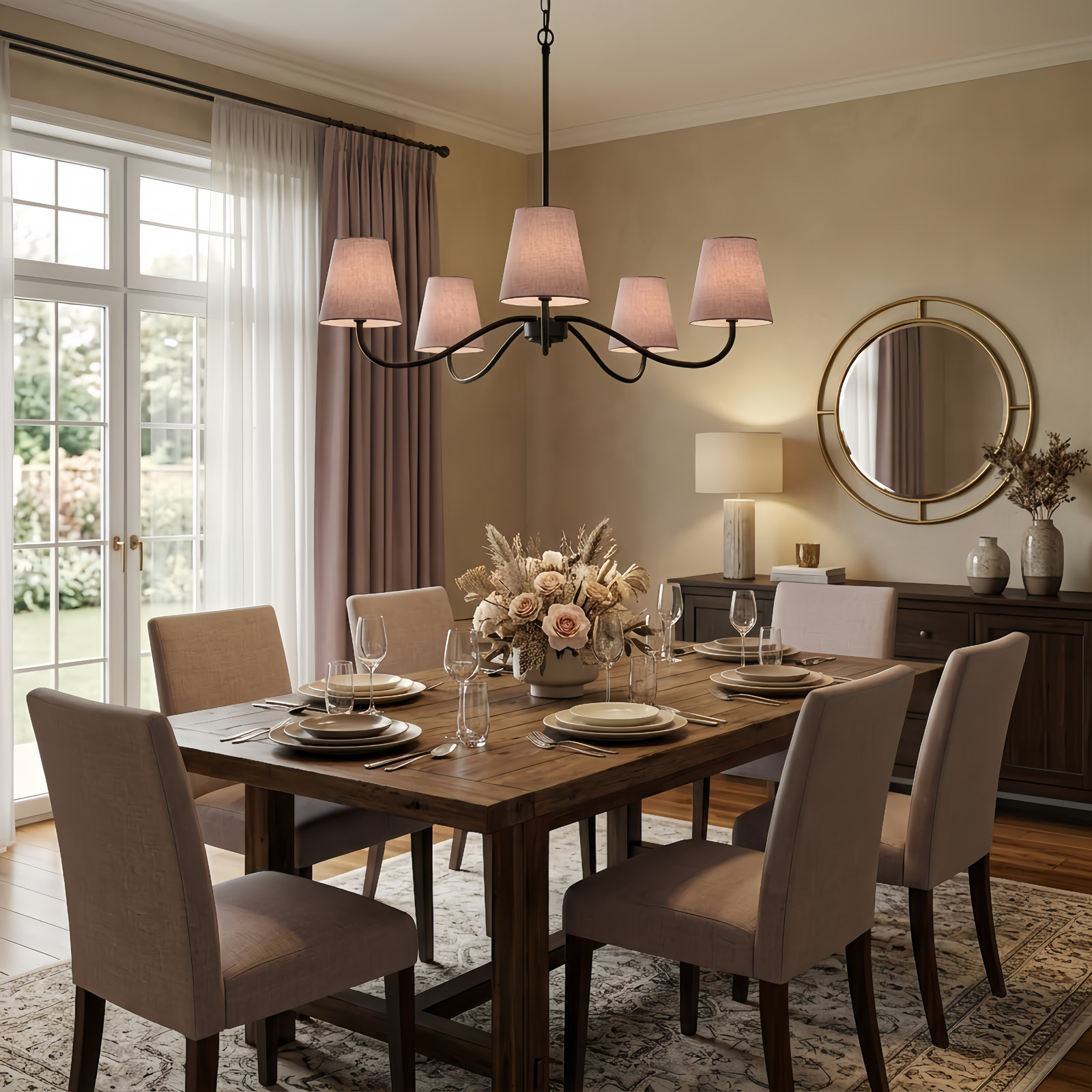 Wrought Iron 5-Light Chandelier, Matte Black, Pink