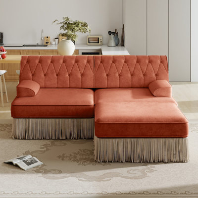 L-Shaped Modular Free-Combination Chesterfield Style Sofa, Breathable Cozy Velvet Upholstered Couch with Floor-Length Tassel Fringe Skirt, Gently Curv