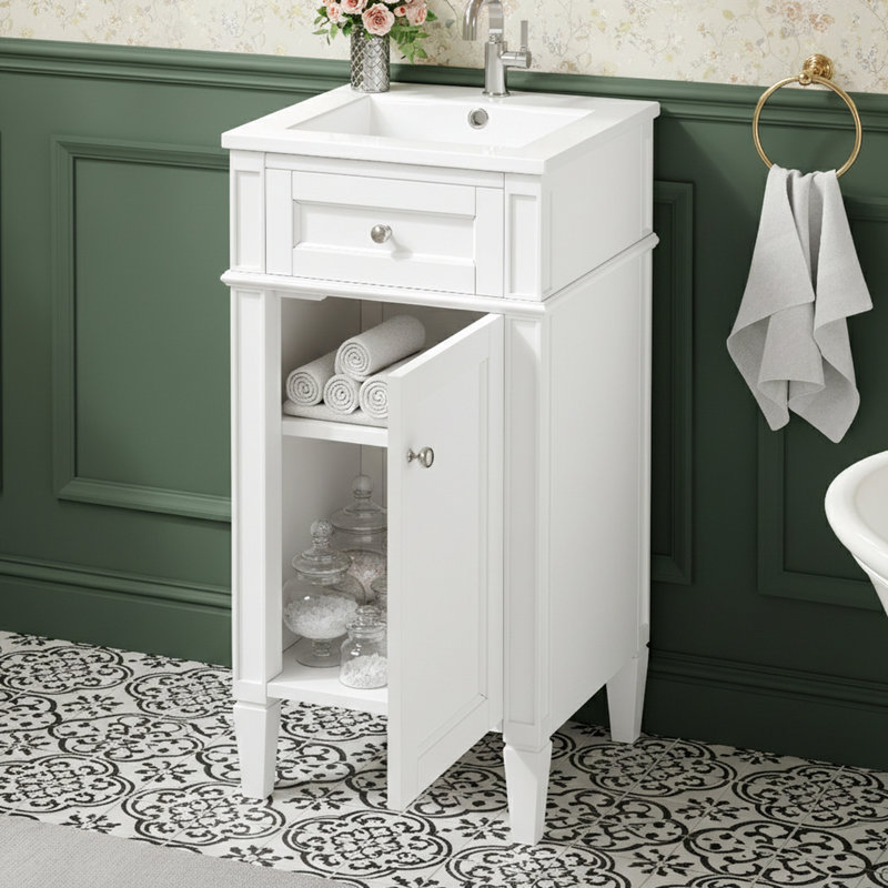 Meuble-lavabo autoportant à fermeture en douceur avec lavabo et tablette réglable, Blanc