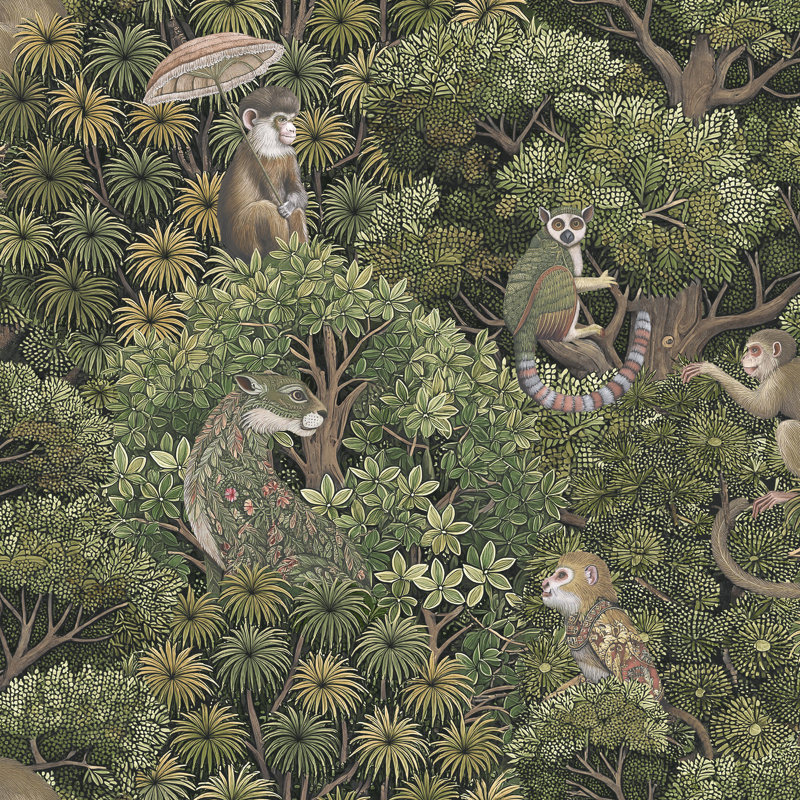 Graham & Brown Treetop Troop Damson Wallpaper, Green